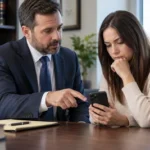 A Virginia criminal defense attorney and client review smartphone evidence during a professional legal consultation.