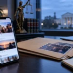 A smartphone social media feed beside a lawyer’s evidence folder.