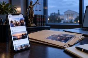 A smartphone social media feed beside a lawyer’s evidence folder.