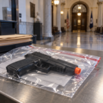 An orange-tipped replica pistol secured in a clear evidence bag near a Virginia courthouse.
