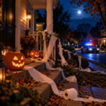 Halloween prank scene on a Virginia porch with police in the distance