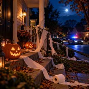 Halloween prank scene on a Virginia porch with police in the distance