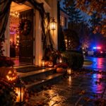 A police officer speaks with a costumed adult outside a Virginia Halloween gathering.