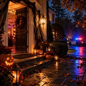 A police officer speaks with a costumed adult outside a Virginia Halloween gathering.