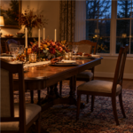 Empty Thanksgiving dining room with a chair pulled away from the table after a family gathering.