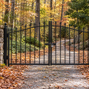 Closed iron gate across a wooded private path in Northern Virginia