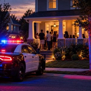 Police arrive at a Virginia house party at night near a residential doorway