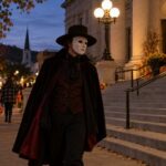 A woman holding a decorative masquerade mask outside a courthouse-style building in Virginia.