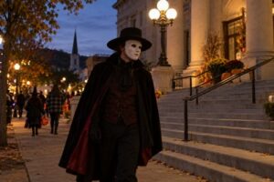 A woman holding a decorative masquerade mask outside a courthouse-style building in Virginia.